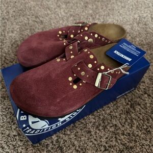 Birkenstock Red Suede Clogs with Gold Accents